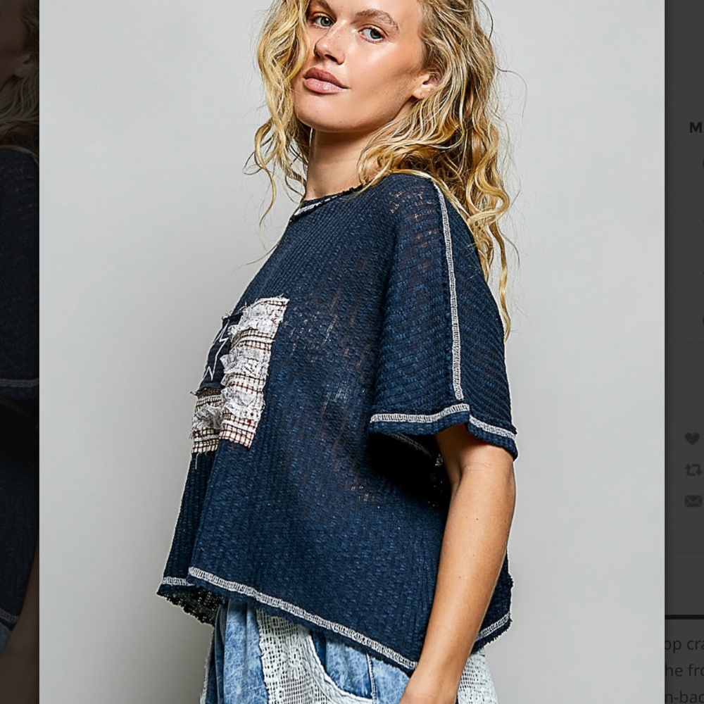 🎉 POL “ PRESLEY 2 “ POL SHORT SLEEVE TOP WITH PATCHWORK DETAIL AND OPEN BACK 42 - Picture 2 of 6